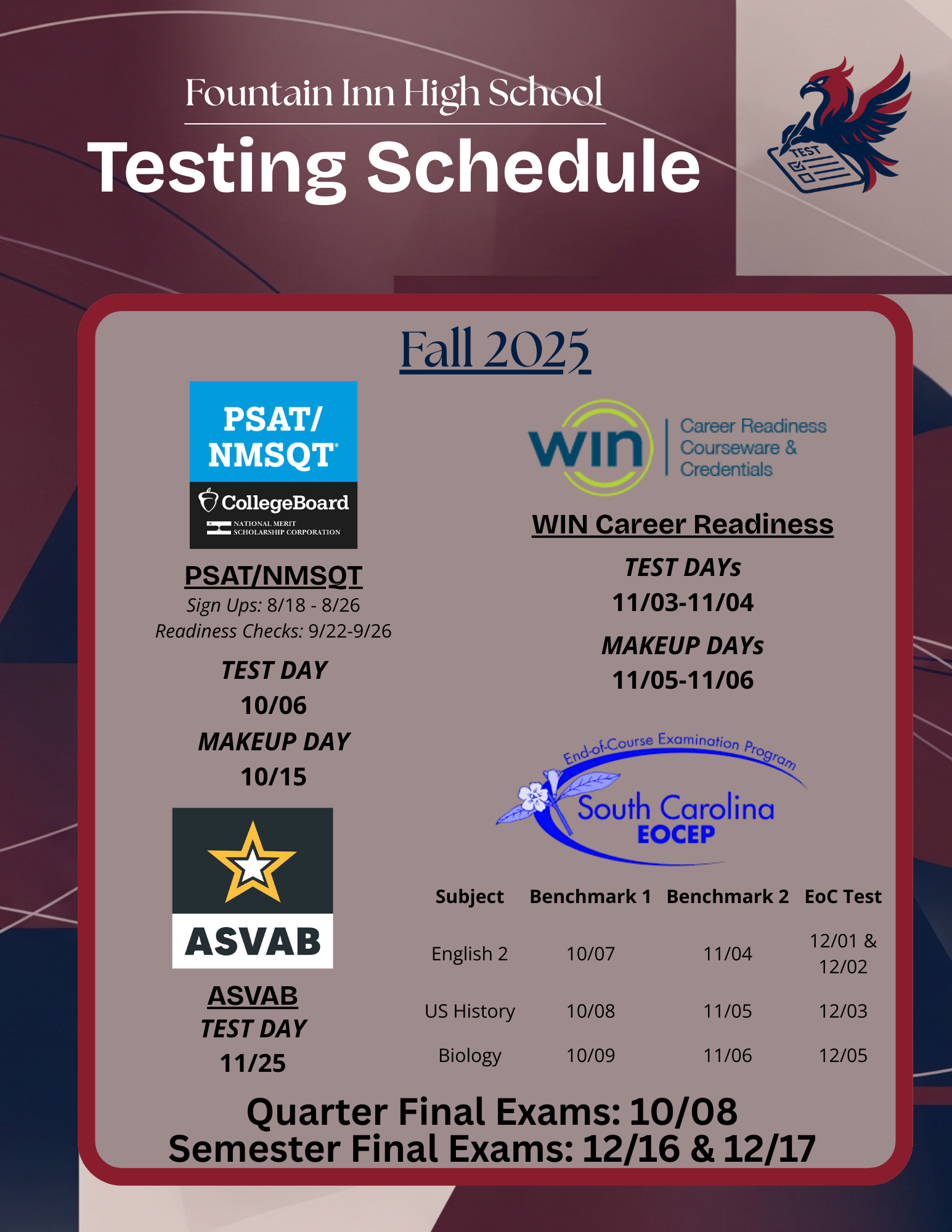 Fall 2025 Testing Schedule